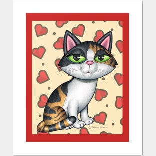 Beautiful Calico Kitty with Red Hearts Posters and Art